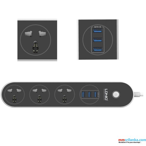 LDNIO SC3301 3 Power Socket + 3 USB Extension Power Cord (6M)